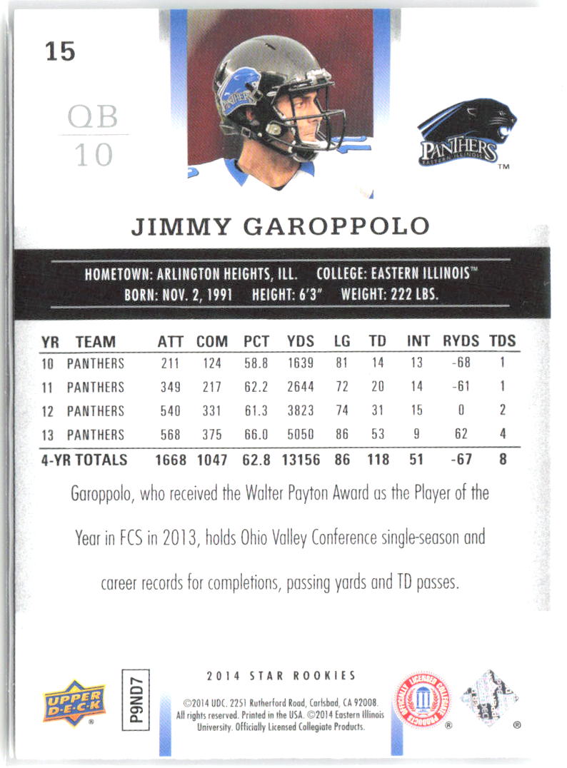 Jimmy Garoppolo Upper Deck Star Rookies 15 2014 Eastern Illinois Panthers