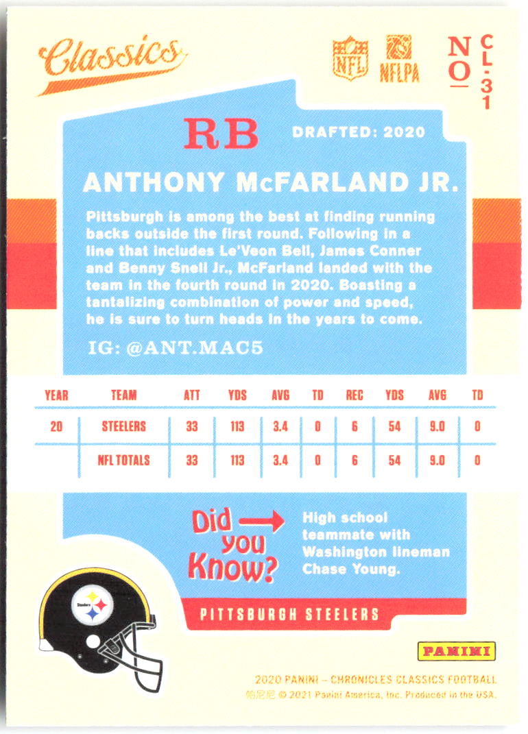 Anthony McFarland Jr. Panini Chronicles - Classics CL-31 2020 Pittsburgh Steelers