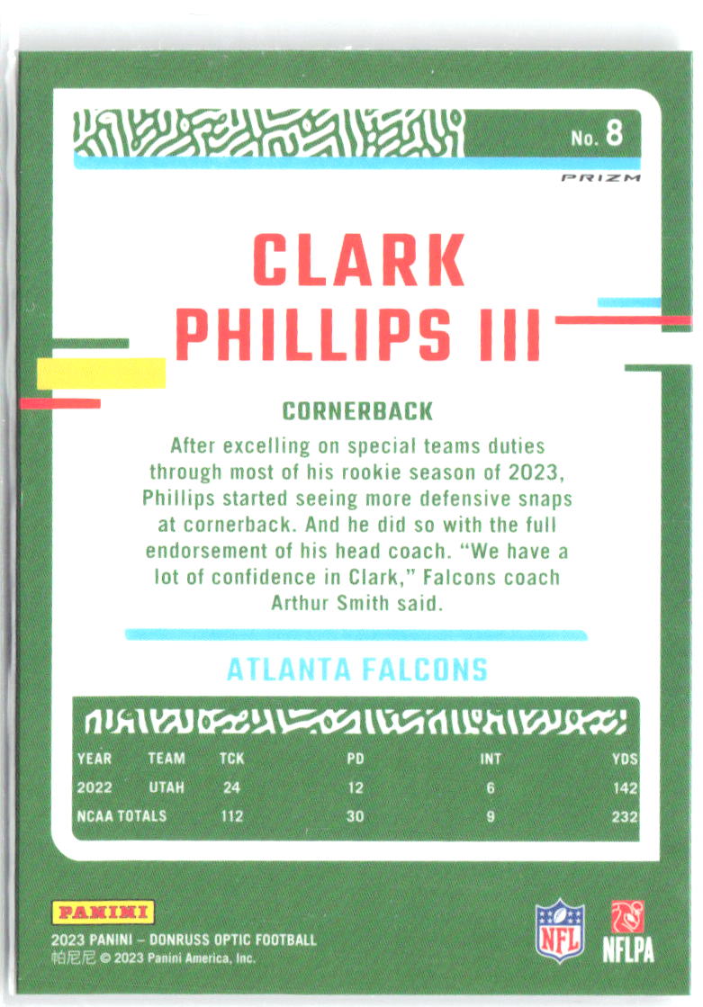 Clark Phillips III Donruss Optic - Holo 8 2023 Atlanta Falcons