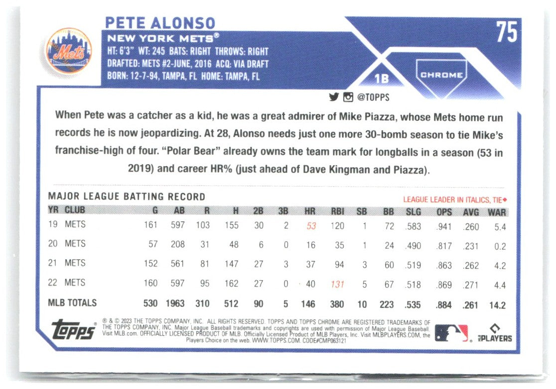 Pete Alonso Topps Chrome - Prism Refractors 75 2023 New York Mets