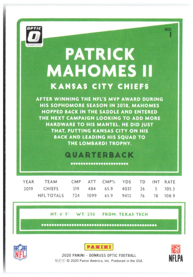 Patrick Mahomes II Donruss Optic 1 2020 Kansas City Chiefs