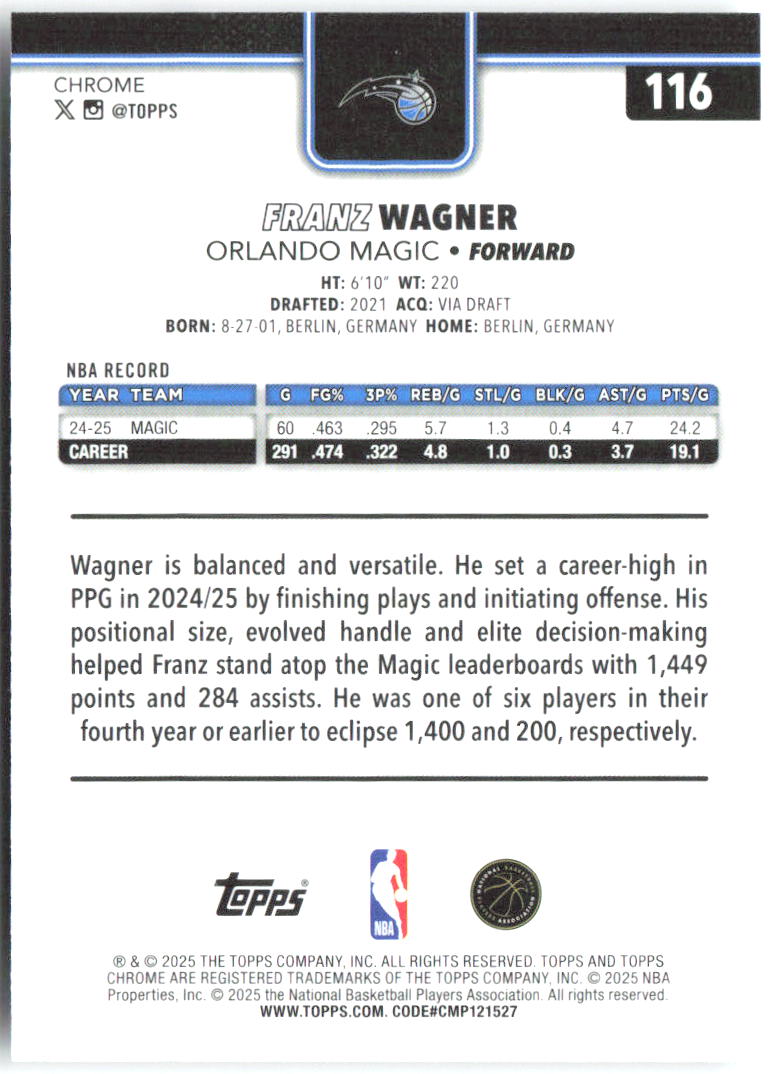 Franz Wagner Topps Chrome 116 2025-26 Orlando Magic