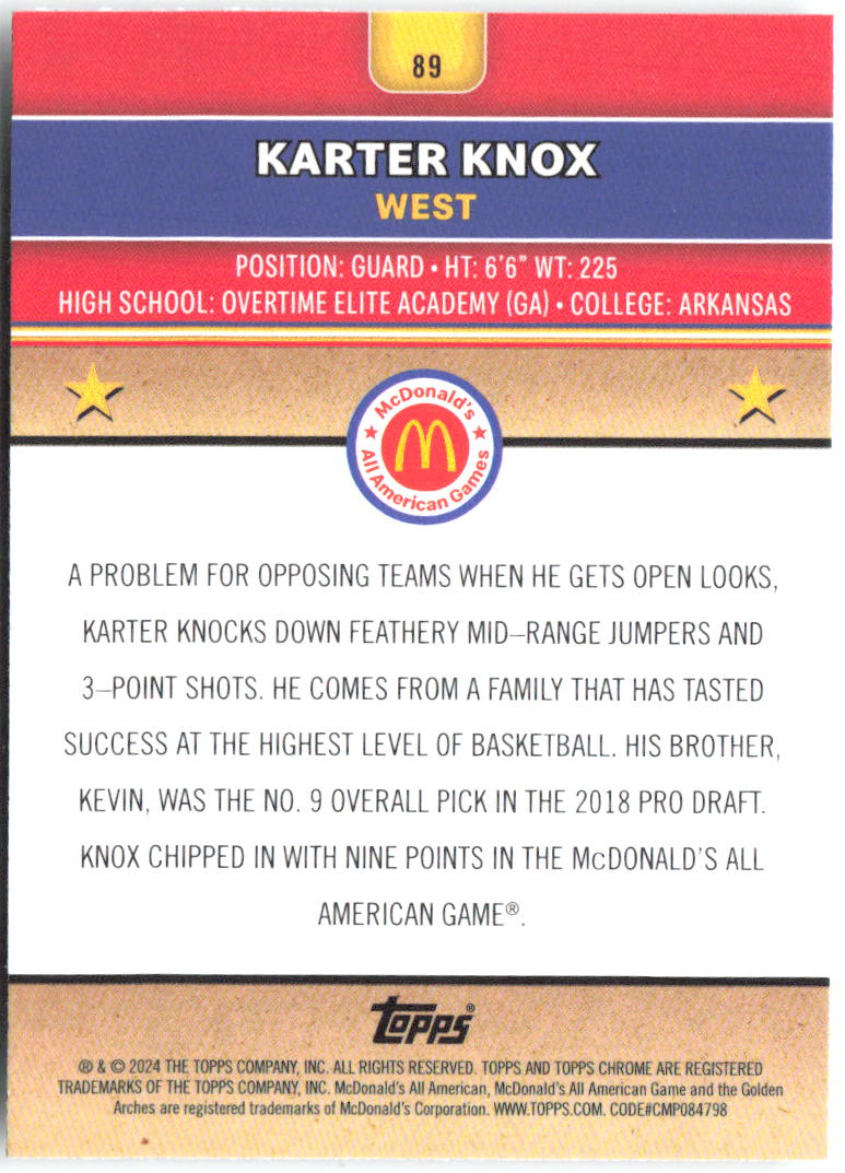 Karter Knox Topps Chrome McDonald's All-American 89 2024