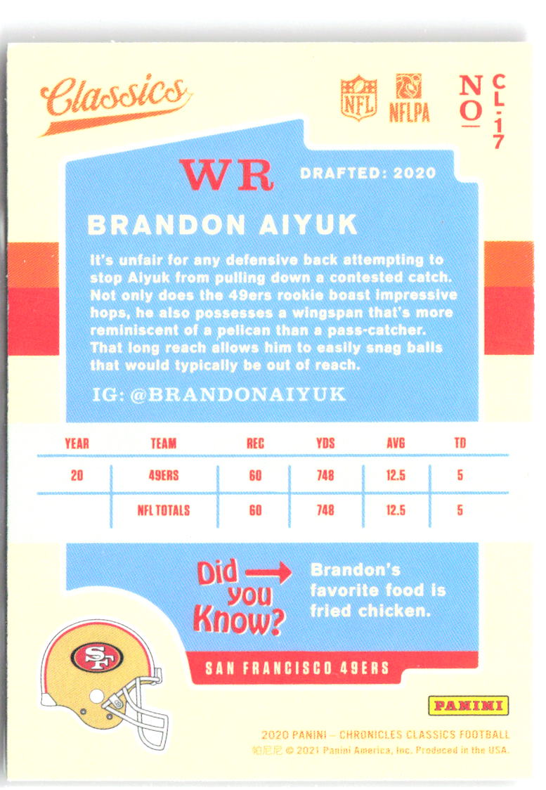 Brandon Aiyuk Panini Chronicles - Classics CL-17 2020 San Francisco 49ers