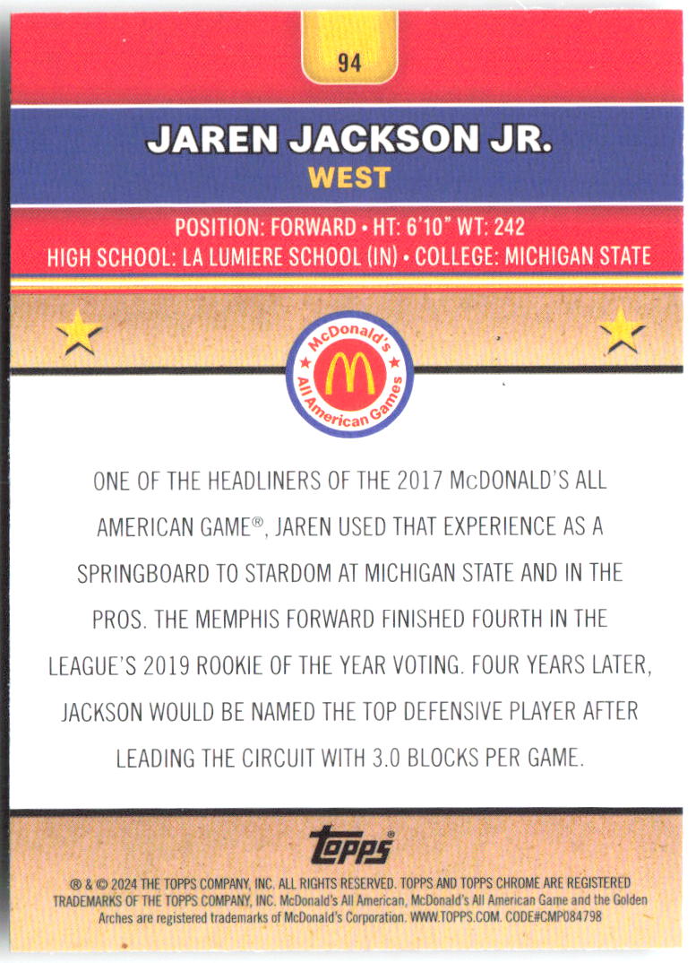 Jaren Jackson Jr. Topps Chrome McDonald's All-American 94 2024