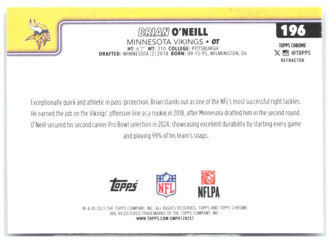 Brian O'Neill Topps Chrome - Prism Refractor 196 2025 Minnesota Vikings