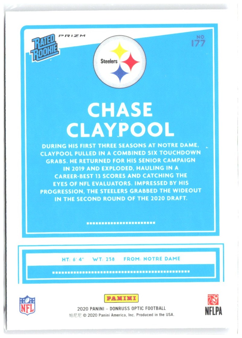 Chase Claypool Donruss Optic - Blue Hyper 177 2020 Pittsburgh Steelers