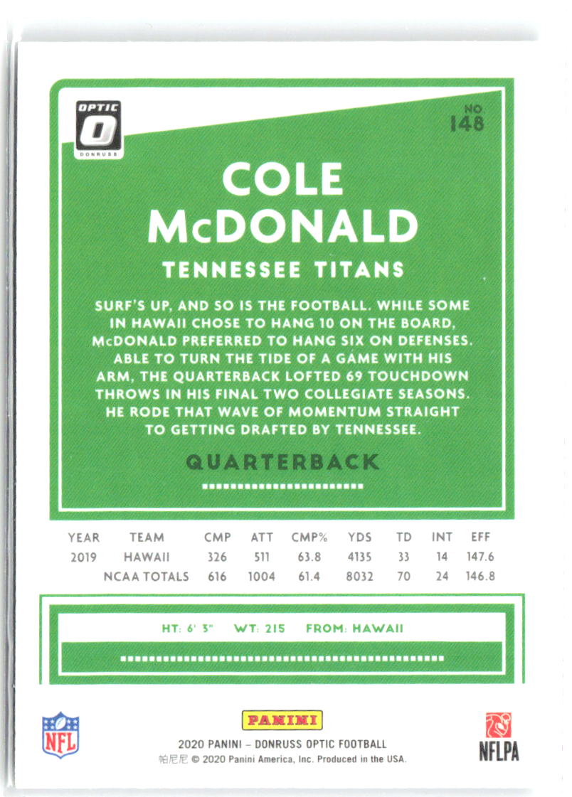 Cole McDonald Donruss Optic 148 2020 Tennessee Titans RC