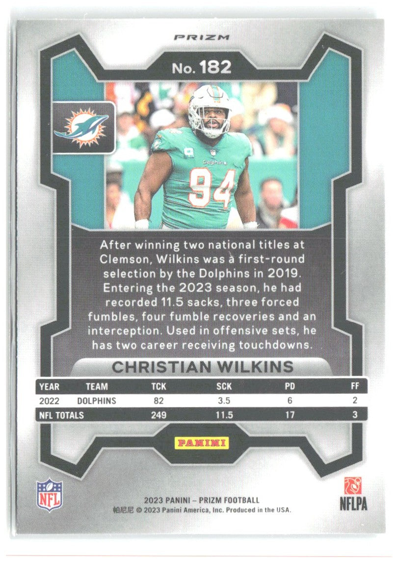 Christian Wilkins Panini Prizm - Green 182 2023 Miami Dolphins