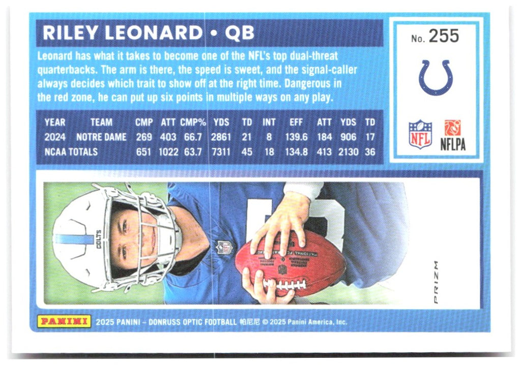 Riley Leonard Donruss Optic - Pink 255 2025 Indianapolis Colts