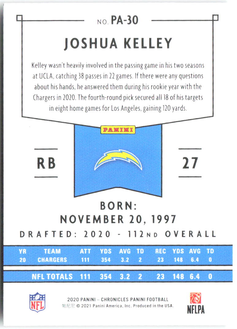 Joshua Kelley Panini Chronicles - Panini PA-30 2020 Los Angeles Chargers