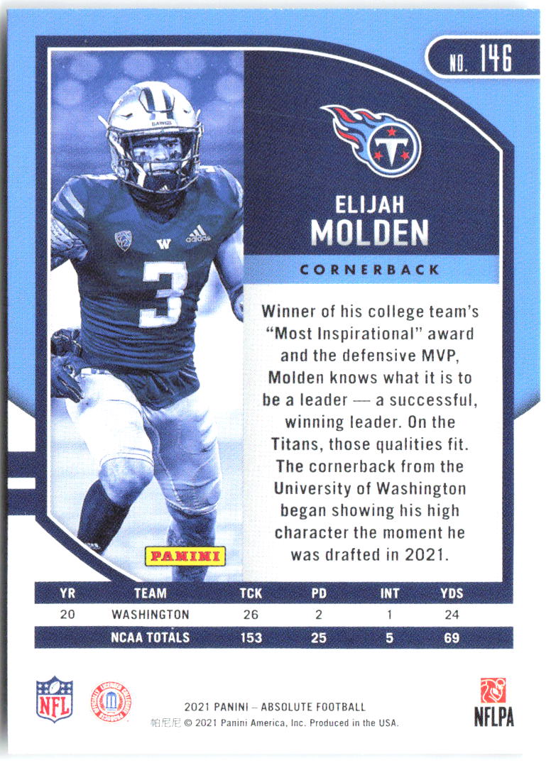 Elijah Molden Panini Absolute - Retail 146 2021 Tennessee Titans RC
