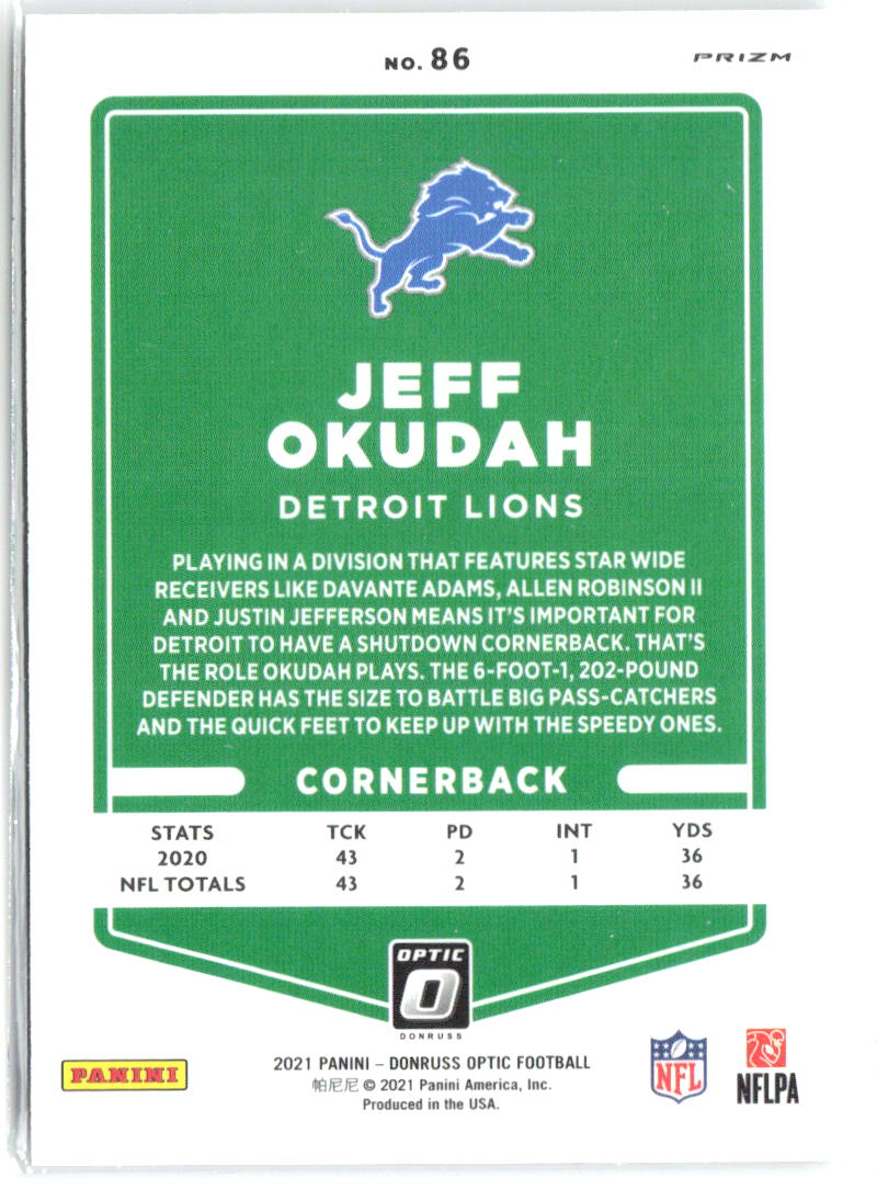Jeff Okudah Donruss Optic - Holo 86 2021 Detroit Lions