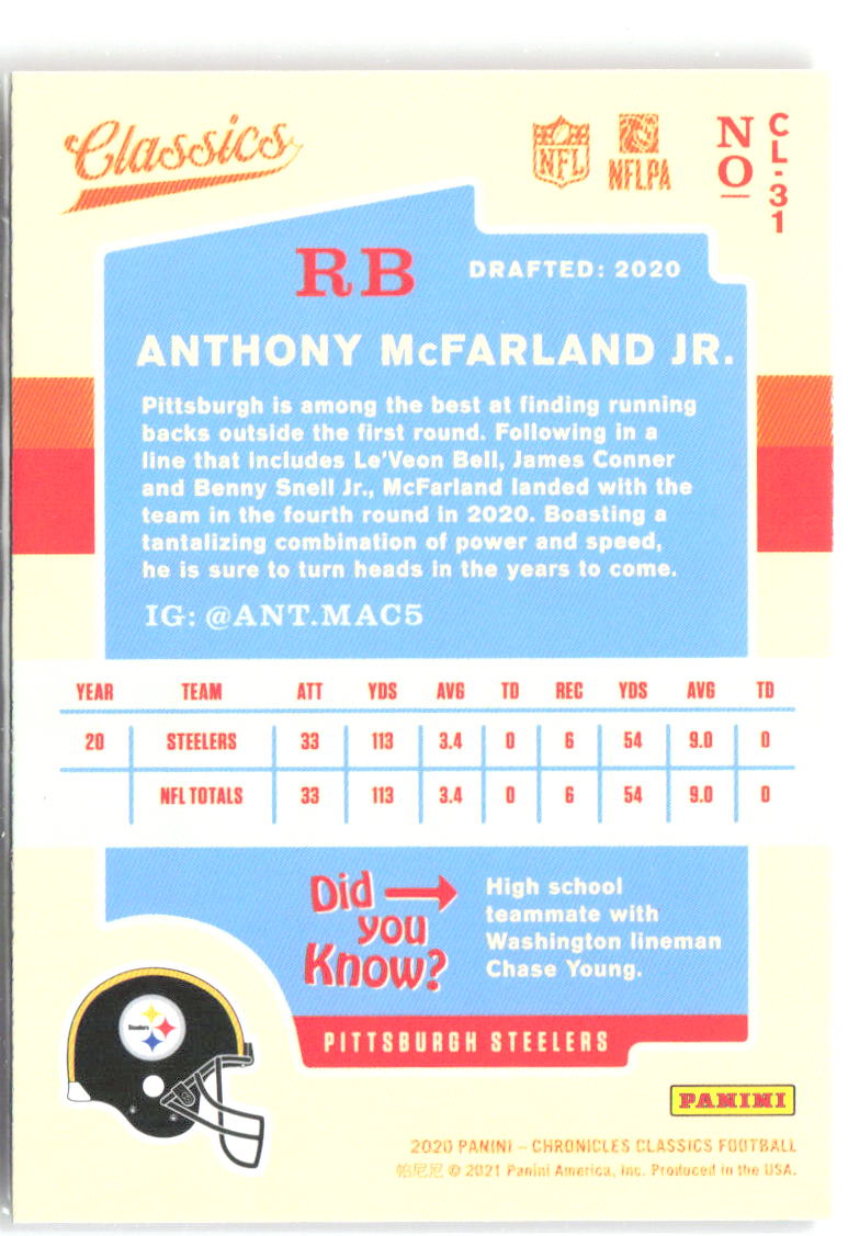 Anthony McFarland Jr. Panini Chronicles Classics CL-31 2020 Pittsburgh Steelers