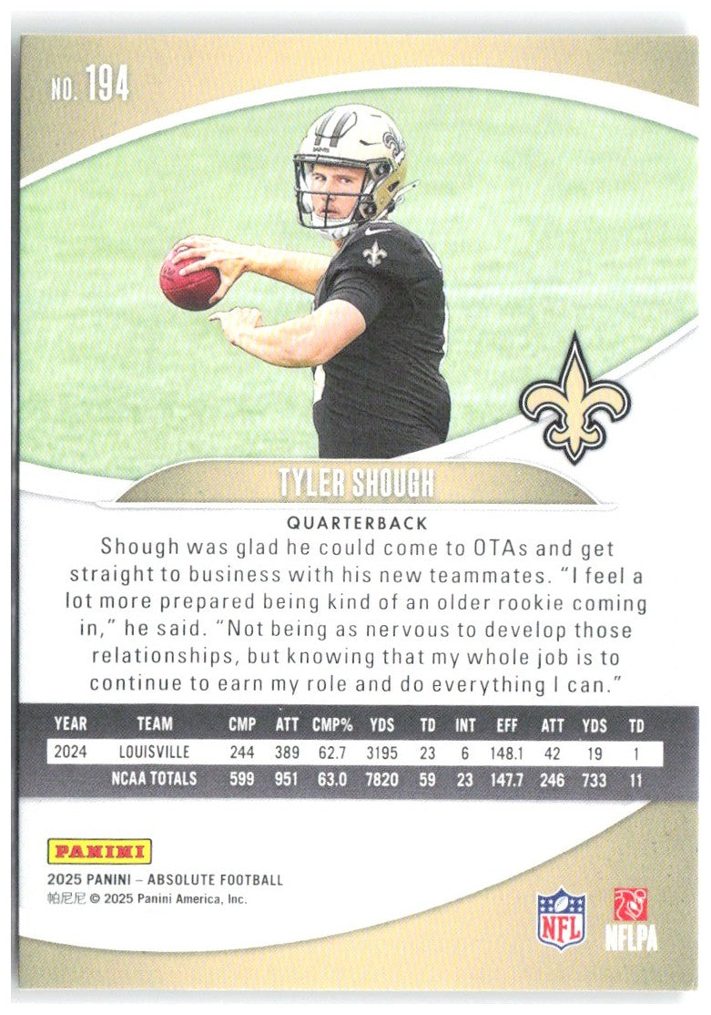 Tyler Shough Panini Absolute - Retail 194 2025 New Orleans Saints RC