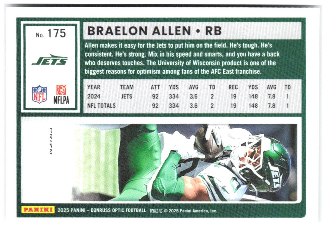 Braelon Allen Donruss Optic - Holo 175 2025 New York Jets