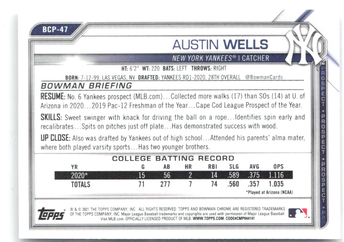 Austin Wells Bowman - Chrome Prospects BCP-47 2021 New York Yankees