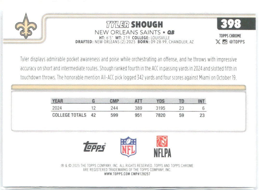 Tyler Shough Topps Chrome 398 2025 New Orleans Saints RC