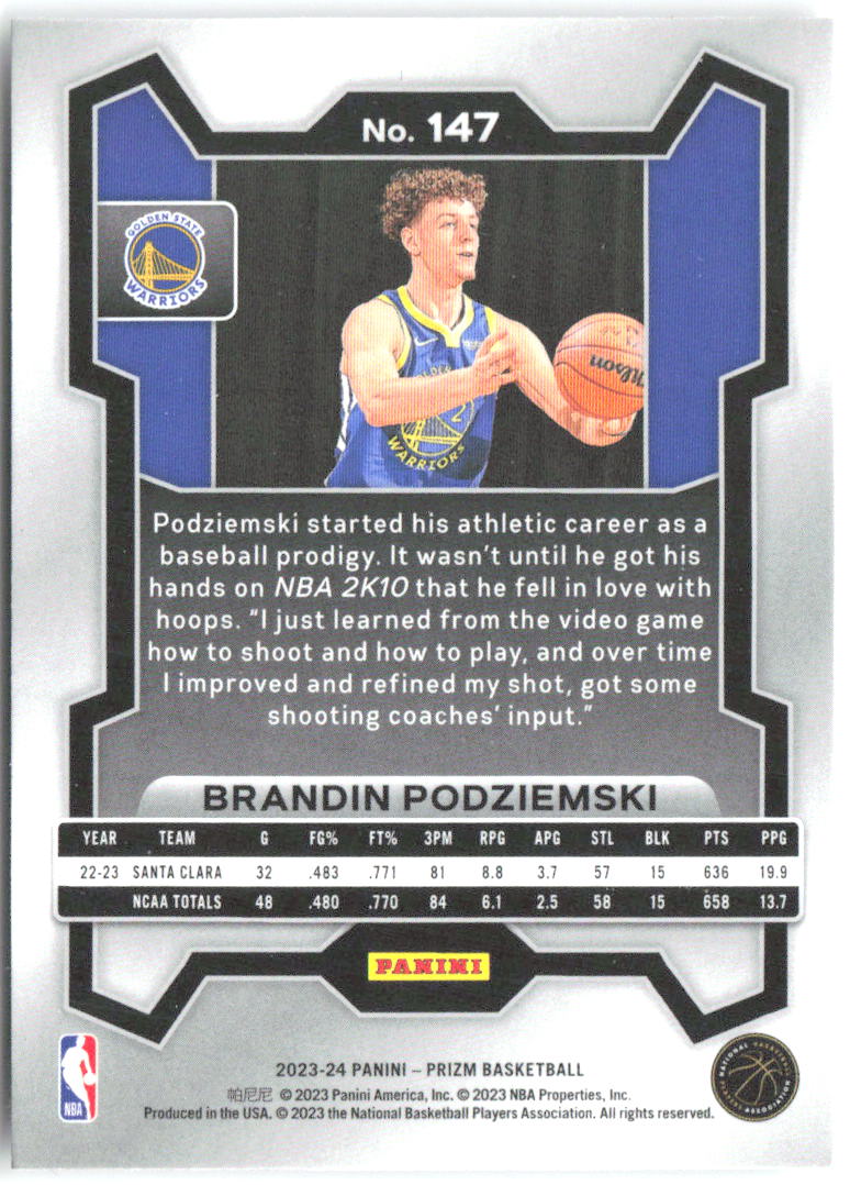 Brandin Podziemski Panini Prizm 147 2023-24 Golden State Warriors RC
