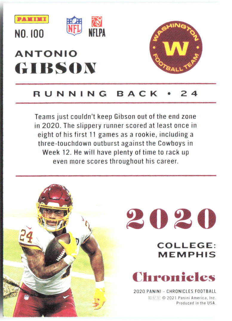 Antonio Gibson Panini Chronicles 100 2020 Washington Football Team RC