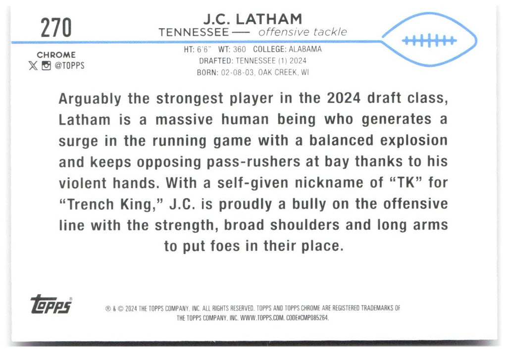 J.C. Latham Topps Chrome - Pink Refractor 270 2024 Tennessee Titans