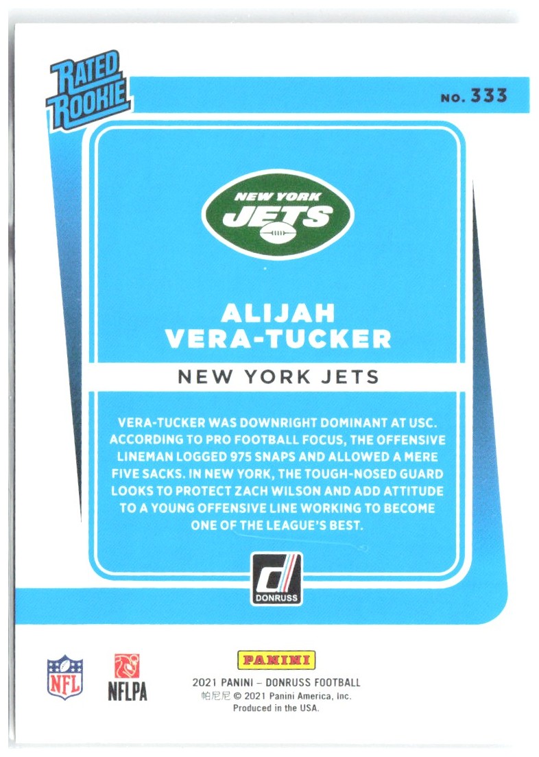 Alijah Vera-Tucker Donruss 333 2021 New York Jets RC