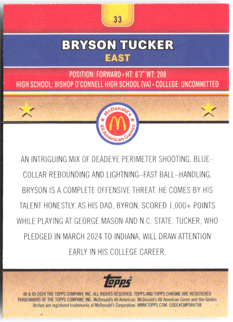 Bryson Tucker Topps Chrome McDonald's All-American 33 2024