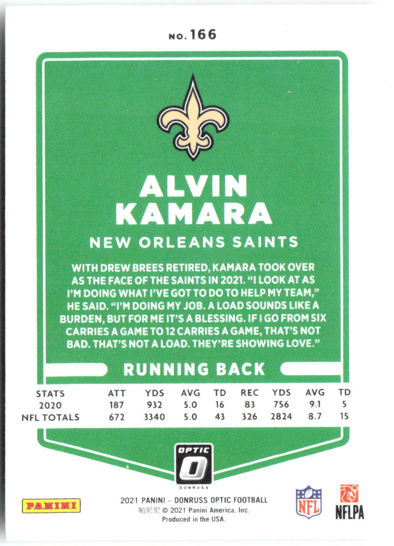 Alvin Kamara Donruss Optic 166 2021 New Orleans Saints