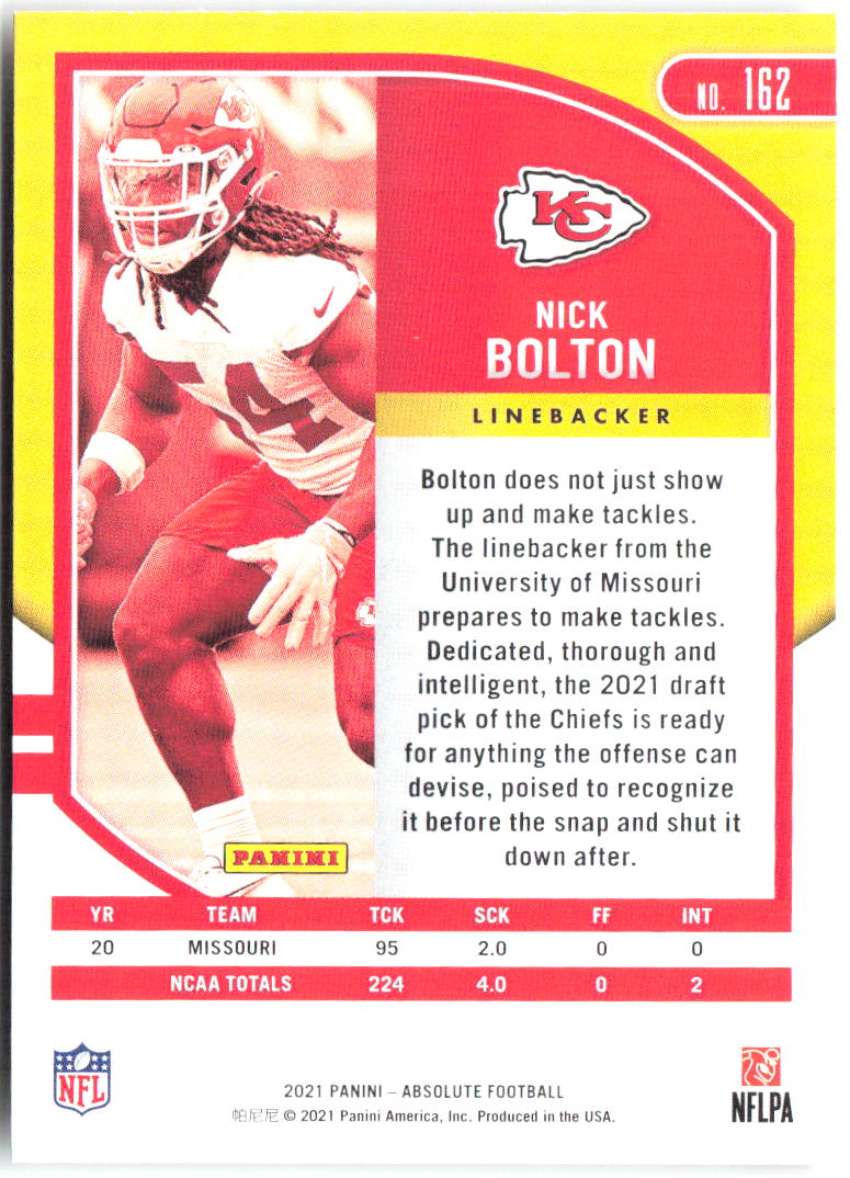 Nick Bolton Panini Absolute - Retail 162 2021 Kansas City Chiefs RC
