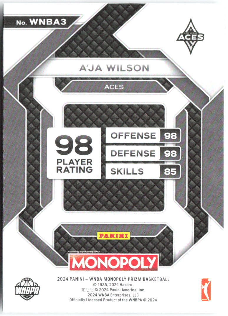 A'ja Wilson Panini Prizm Monopoly WNBA - All-Star WNBA3 2024 Las Vegas Aces