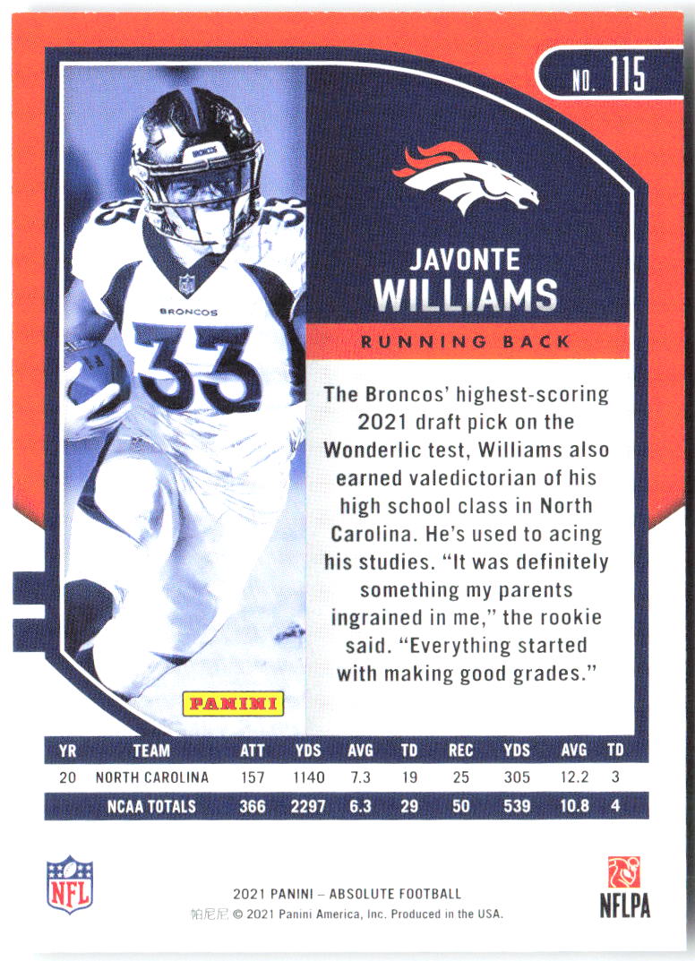 Javonte Williams Panini Absolute - Retail 115 2021 Denver Broncos RC