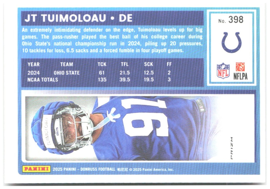 JT Tuimoloau Donruss - Optic Rated Rookies Red Wave 398 2025 Indianapolis Colts