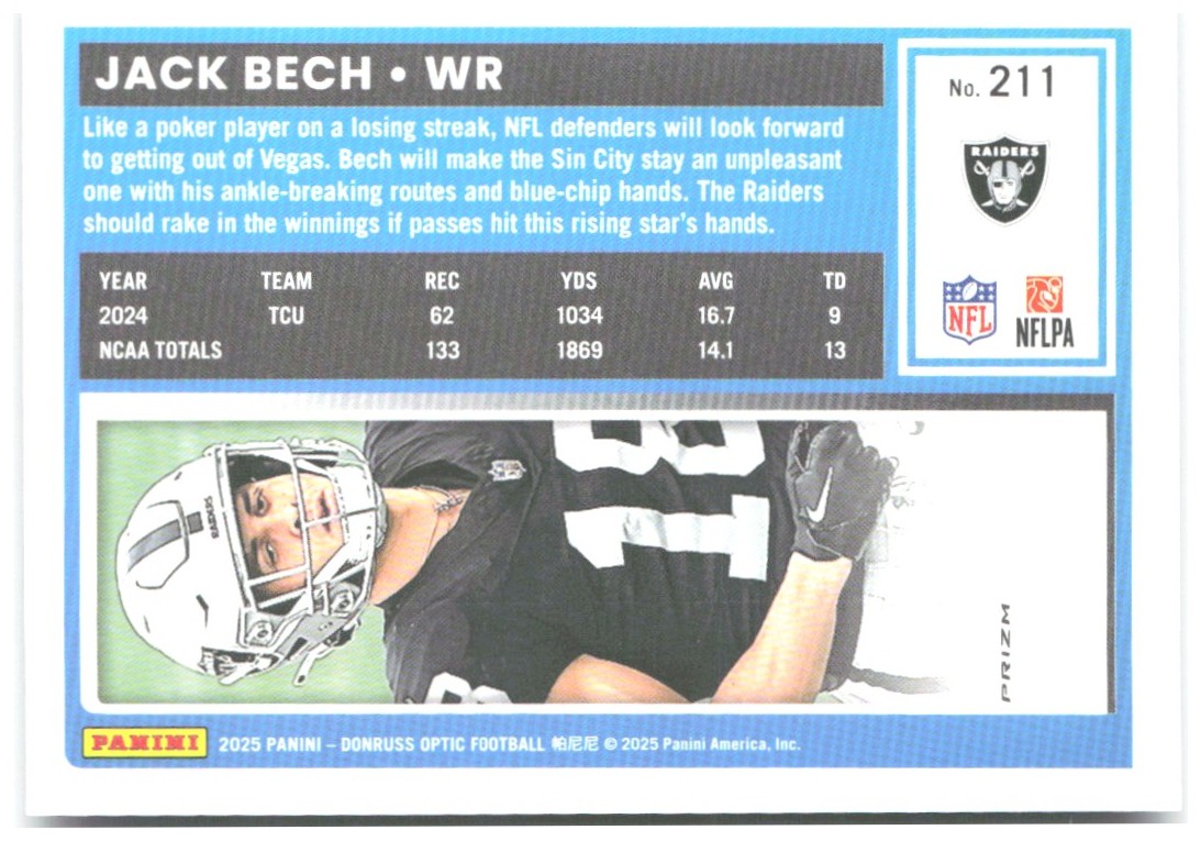 Jack Bech Donruss Optic - Purple Shock 211 2025 Las Vegas Raiders