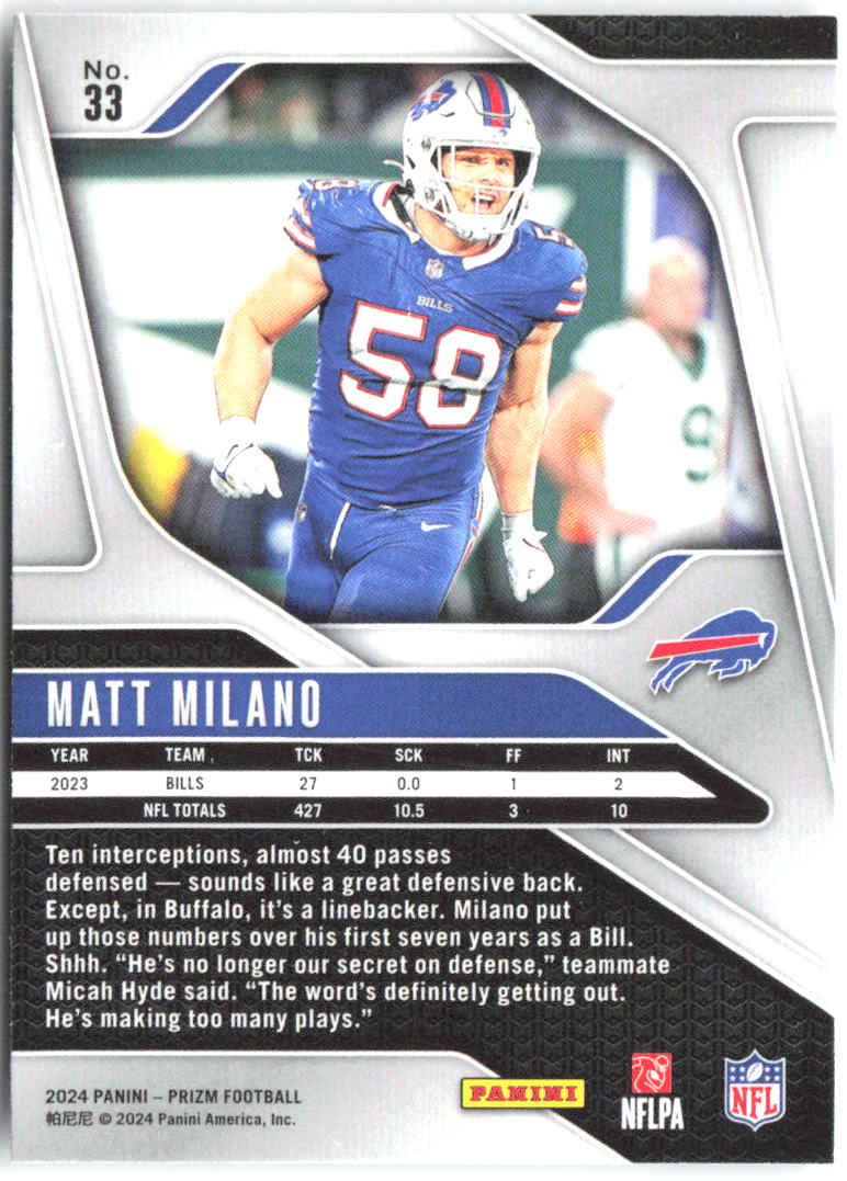 Matt Milano Panini Prizm 33 2024 Buffalo Bills