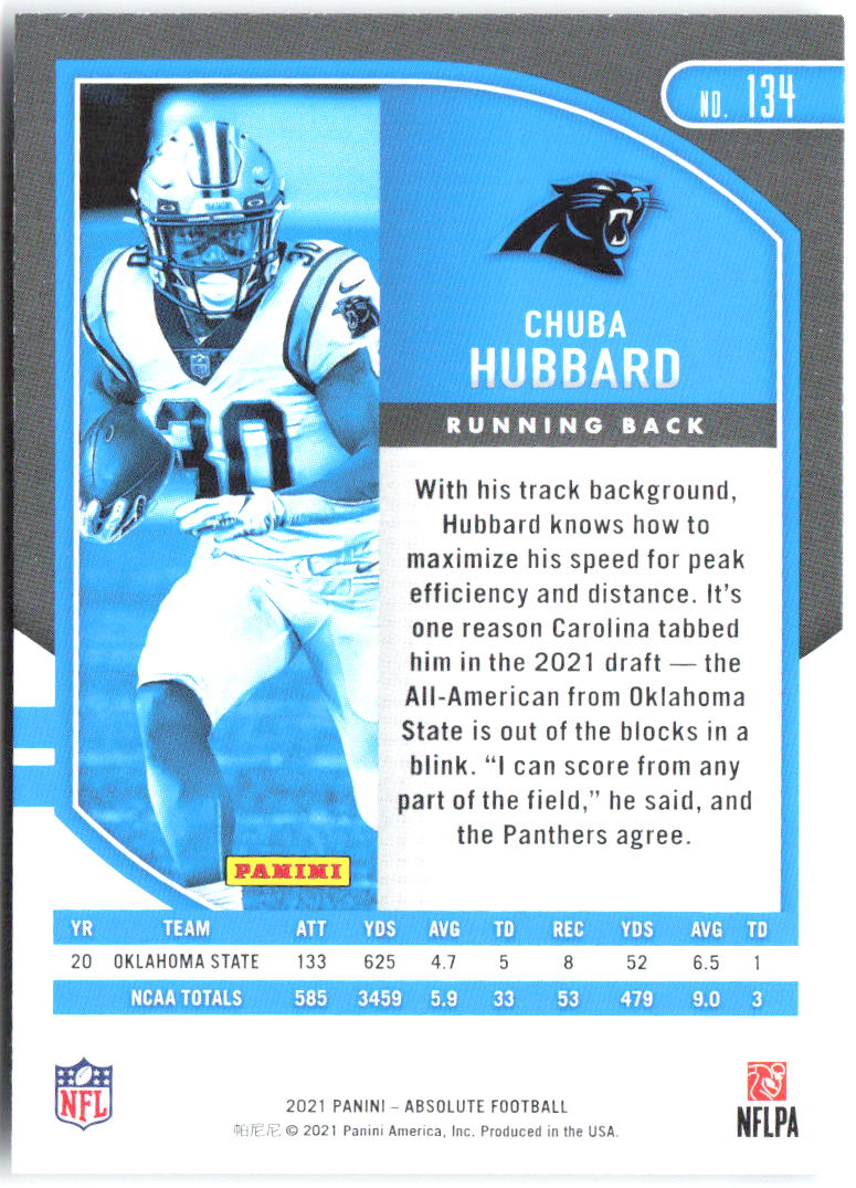 Chuba Hubbard Panini Absolute - Retail 134 2021 Carolina Panthers RC