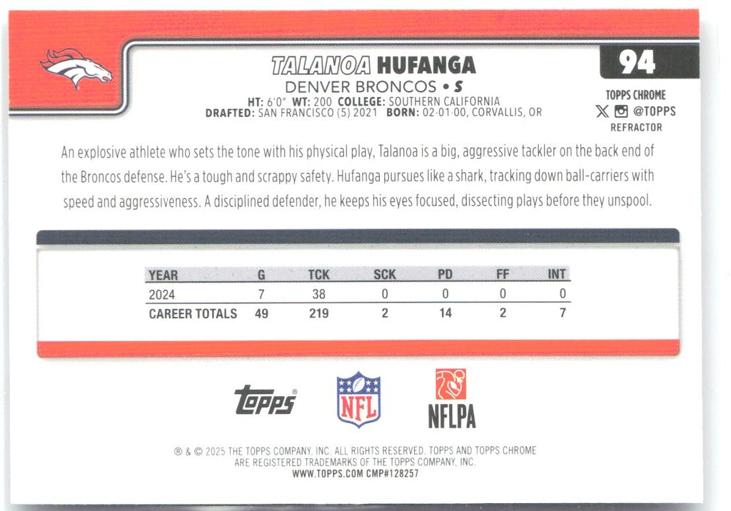 Talanoa Hufanga Topps Chrome - Refractor 94 2025 Denver Broncos