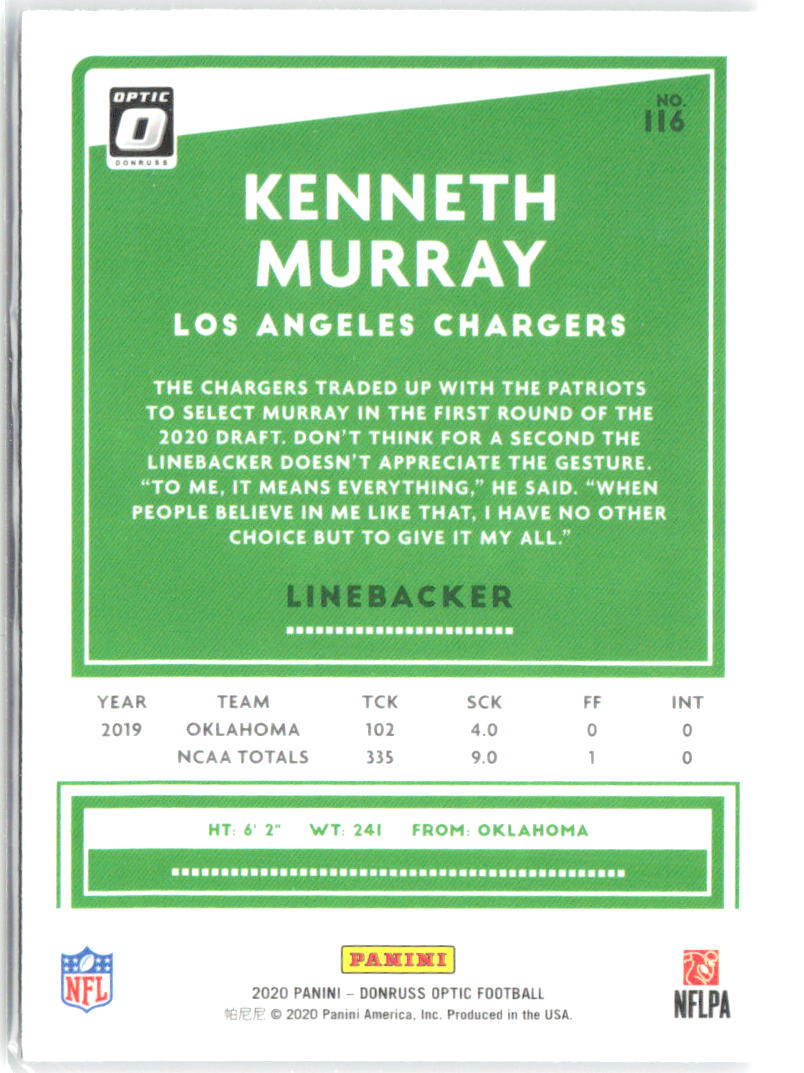Kenneth Murray Donruss Optic 116 2020 Los Angeles Chargers RC