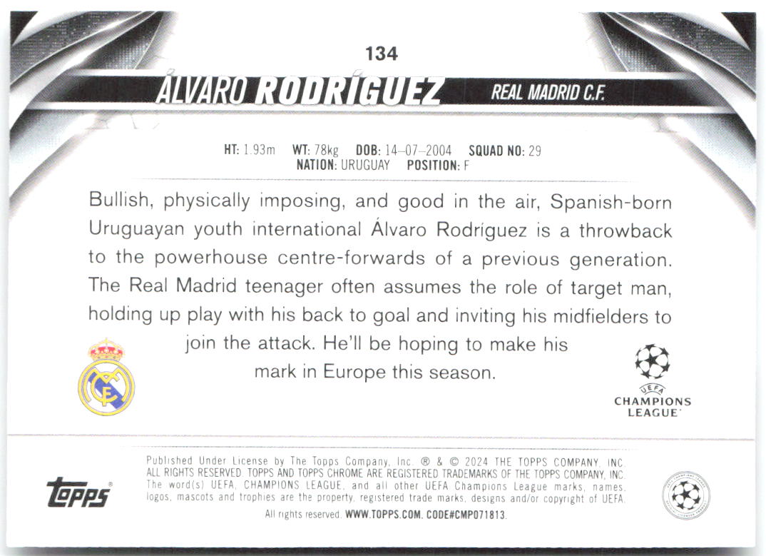 Álvaro Rodríguez Topps UEFA Club Competitions 134 2023-24 Real Madrid CF