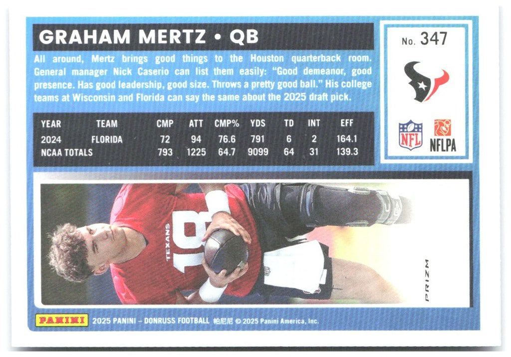 Graham Mertz Donruss - Optic Rated Rookies Blue Scope 347 2025 Houston Texans