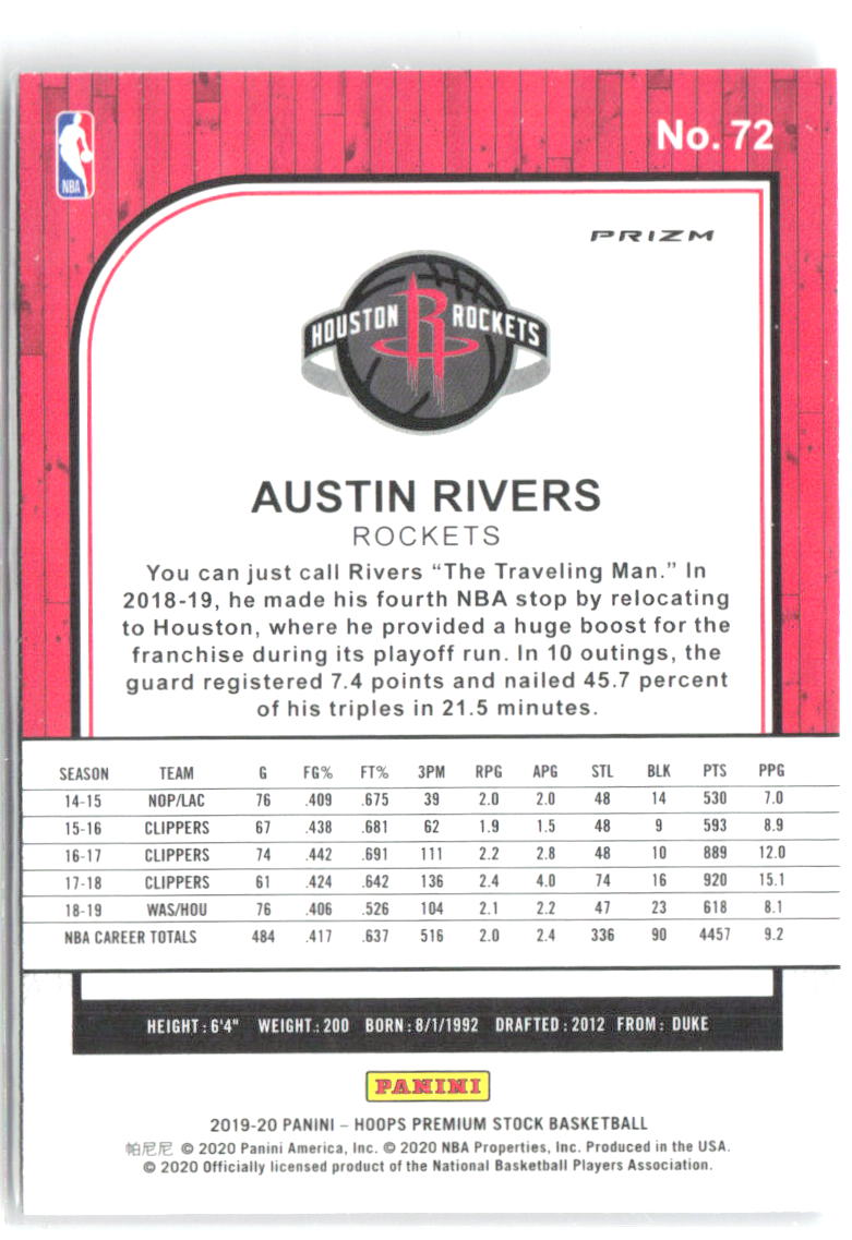 Austin Rivers Hoops Premium Stock - Prizms Silver 72 2019-20 Houston Rockets
