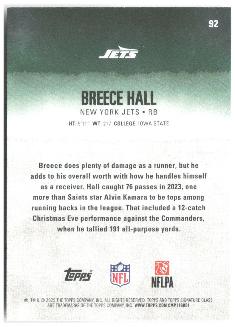 Breece Hall Topps Signature Class 92 2025 New York Jets
