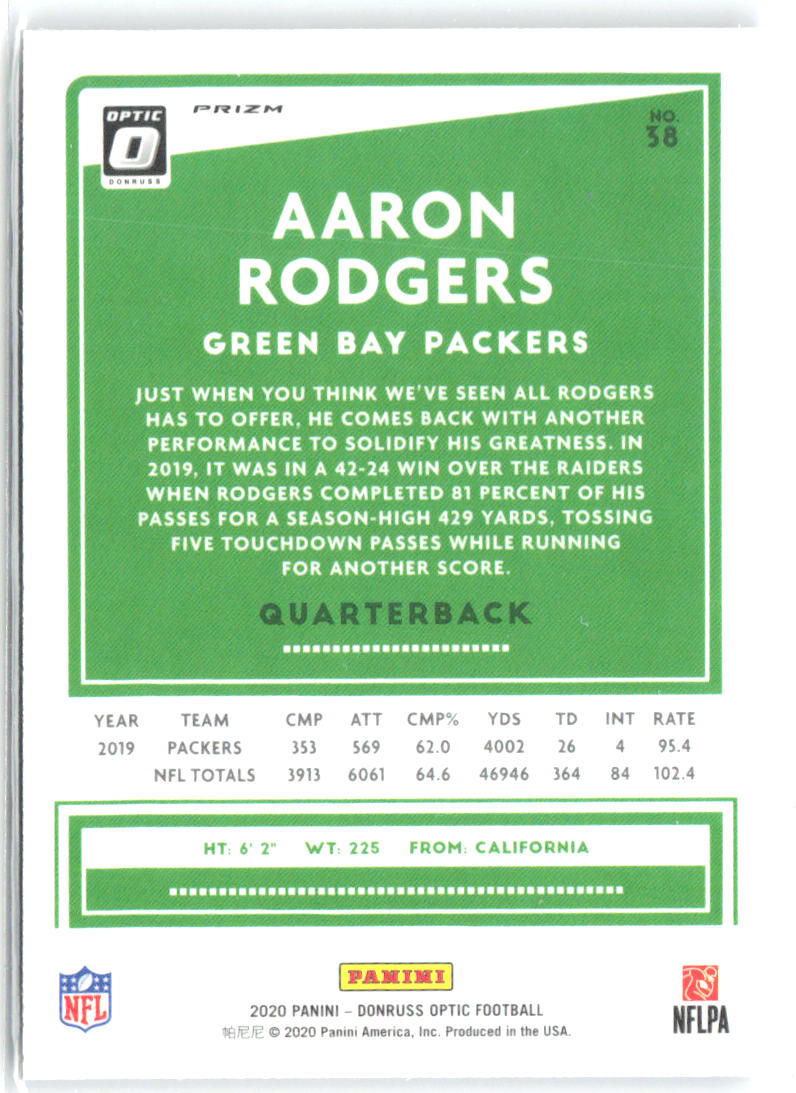 Aaron Rodgers Donruss Optic - Holo 38 2020 Green Bay Packers