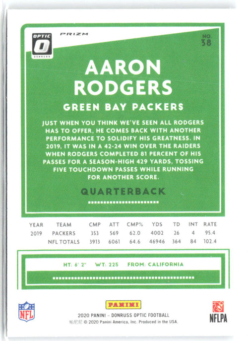 Aaron Rodgers Donruss Optic - Holo 38 2020 Green Bay Packers