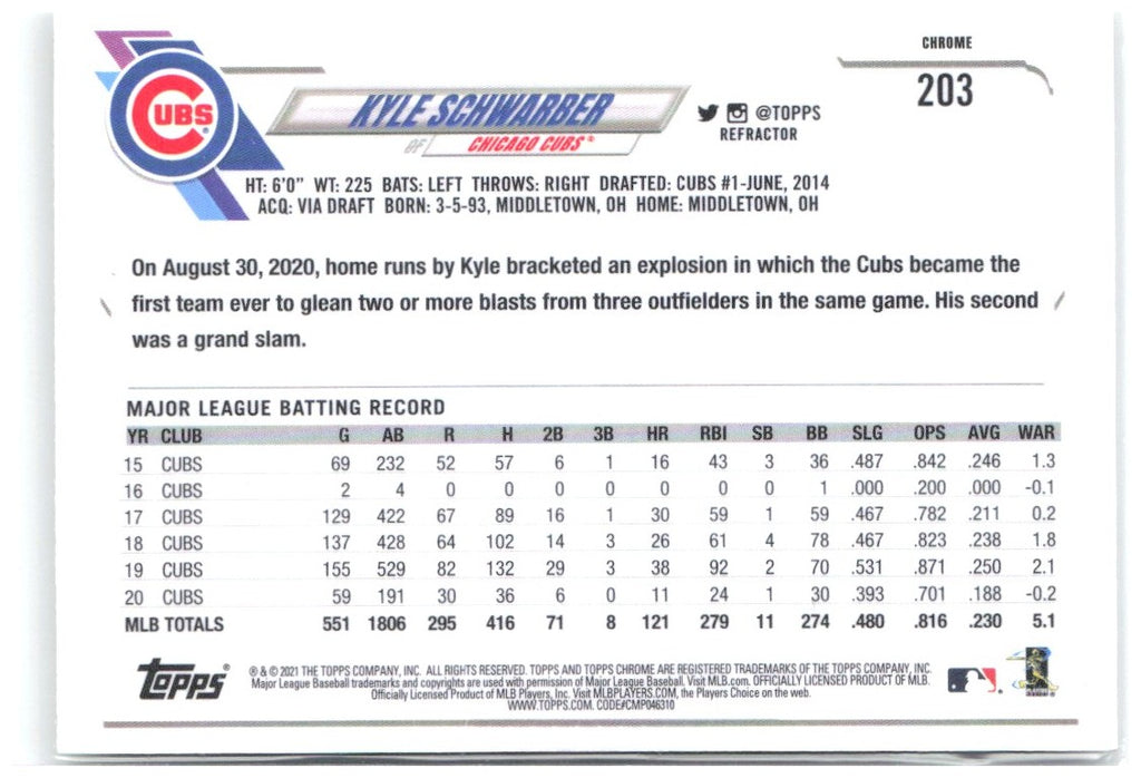 Kyle Schwarber Topps Chrome - Refractor 203 2021 Chicago Cubs