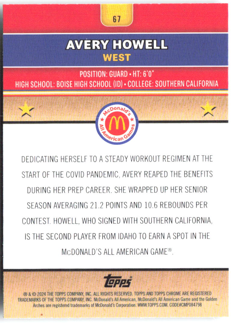 Avery Howell Topps Chrome McDonald's All-American 67 2024