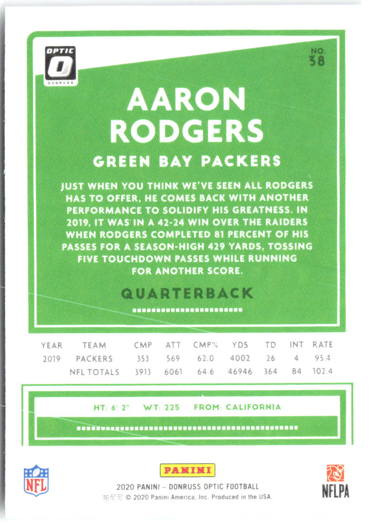 Aaron Rodgers Donruss Optic 38 2020 Green Bay Packers