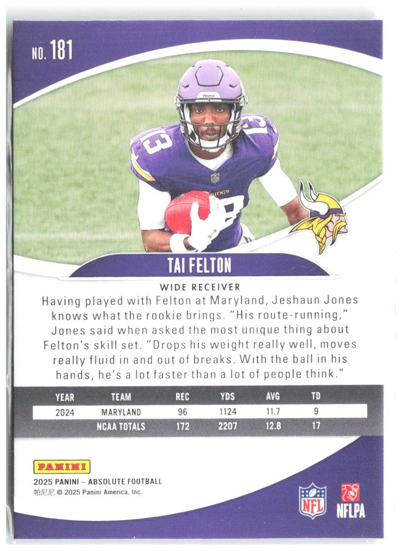 Tai Felton Panini Absolute - Retail 181 2025 Minnesota Vikings RC