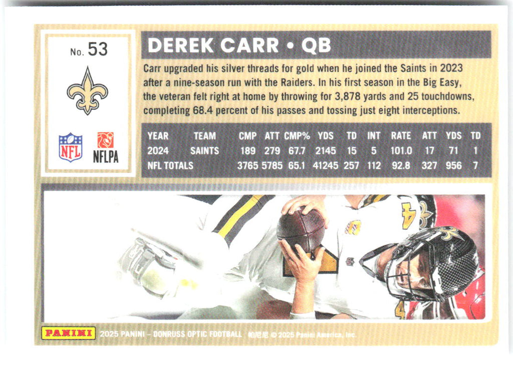 Derek Carr Donruss Optic 53 2025 New Orleans Saints