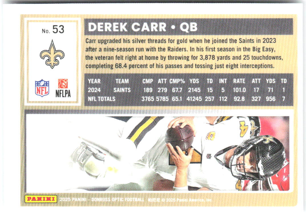 Derek Carr Donruss Optic 53 2025 New Orleans Saints