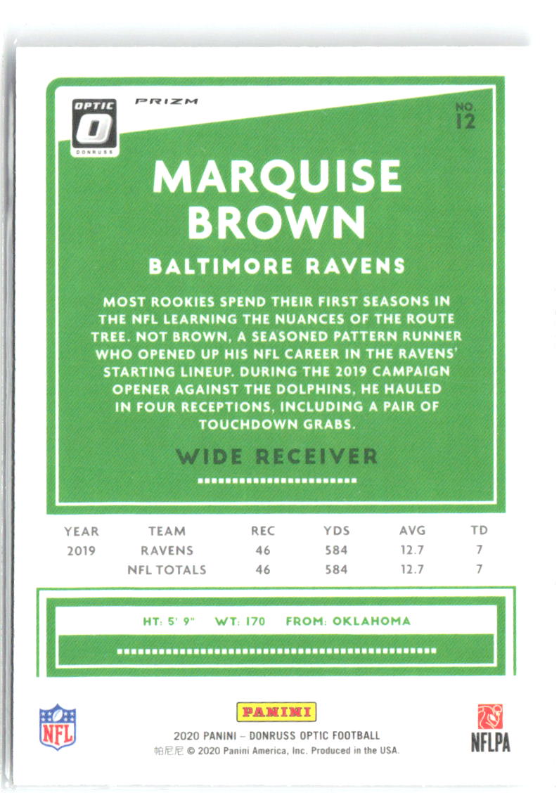 Marquise Brown Donruss Optic - Holo 12 2020 Baltimore Ravens